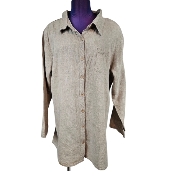 Flax Tan Natural 100% Linen Button Front Tunic Top Size Large Women's A39 - Picture 11 of 11